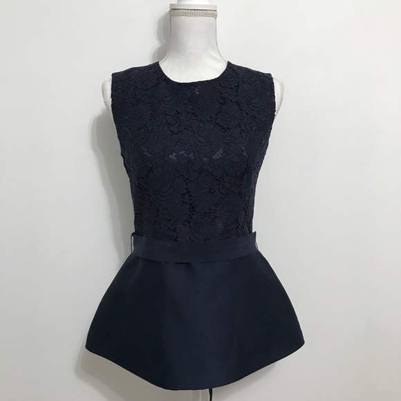 Carolina Herrera Belted Peplum Lace Top in Navy